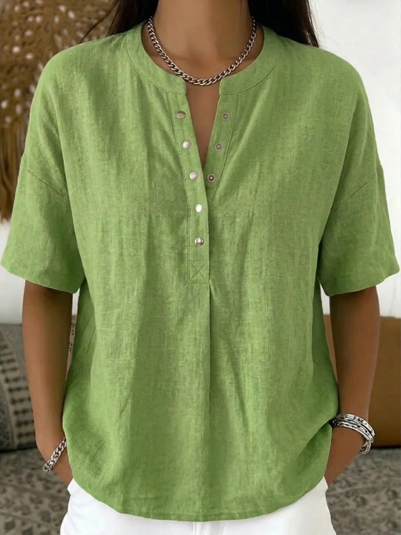 Solid Color Casual Pullover Short-Sleeve Shirt For Women 