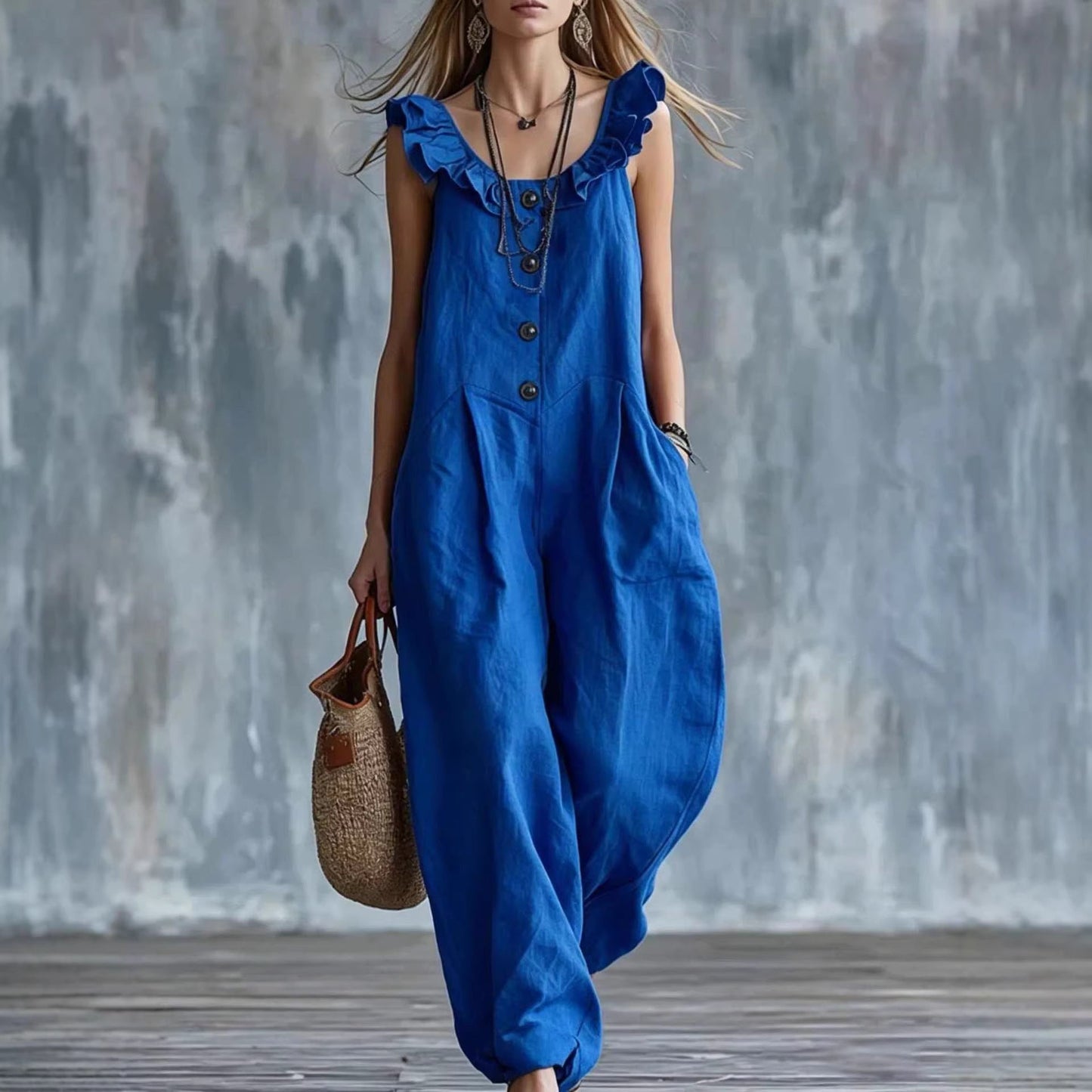 Womens Solid-Colored Sleeveless Button-Down Jumpsuit 
