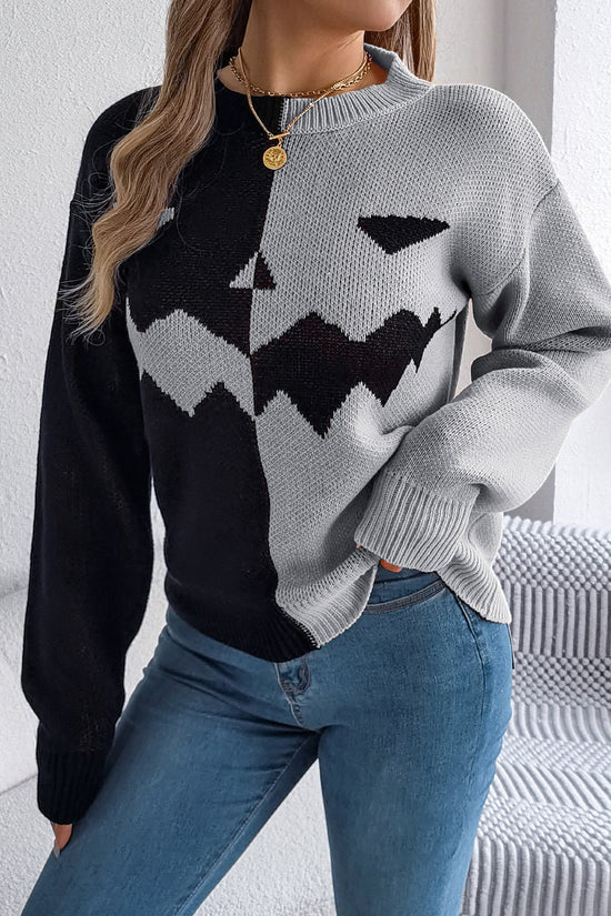 Women’s Spooky Pumpkin Contrast Long-Sleeve Pullover Sweater CJ US