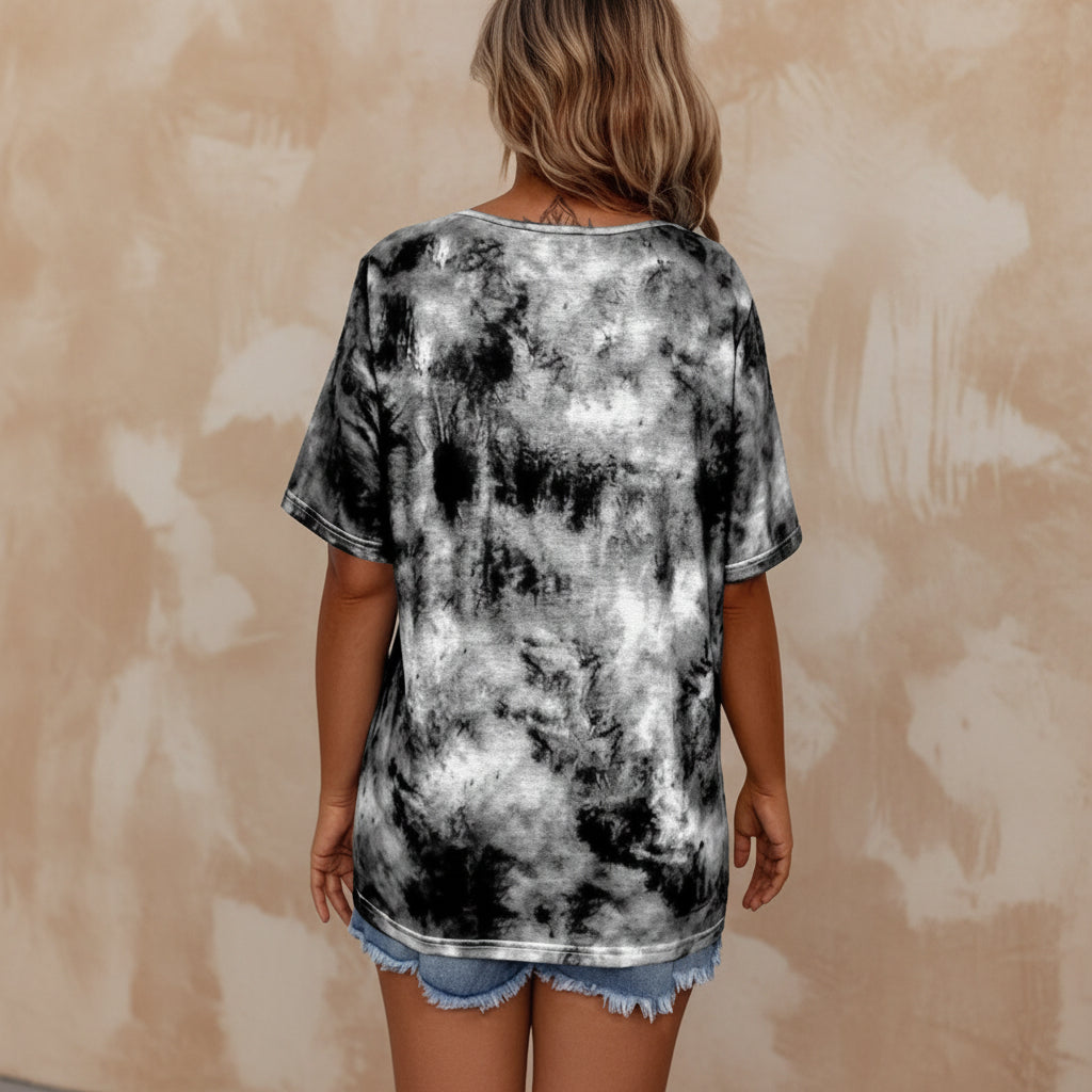 Tie-dye Printed Drawstring Casual Fashion Short-Sleeve T-Shirt 