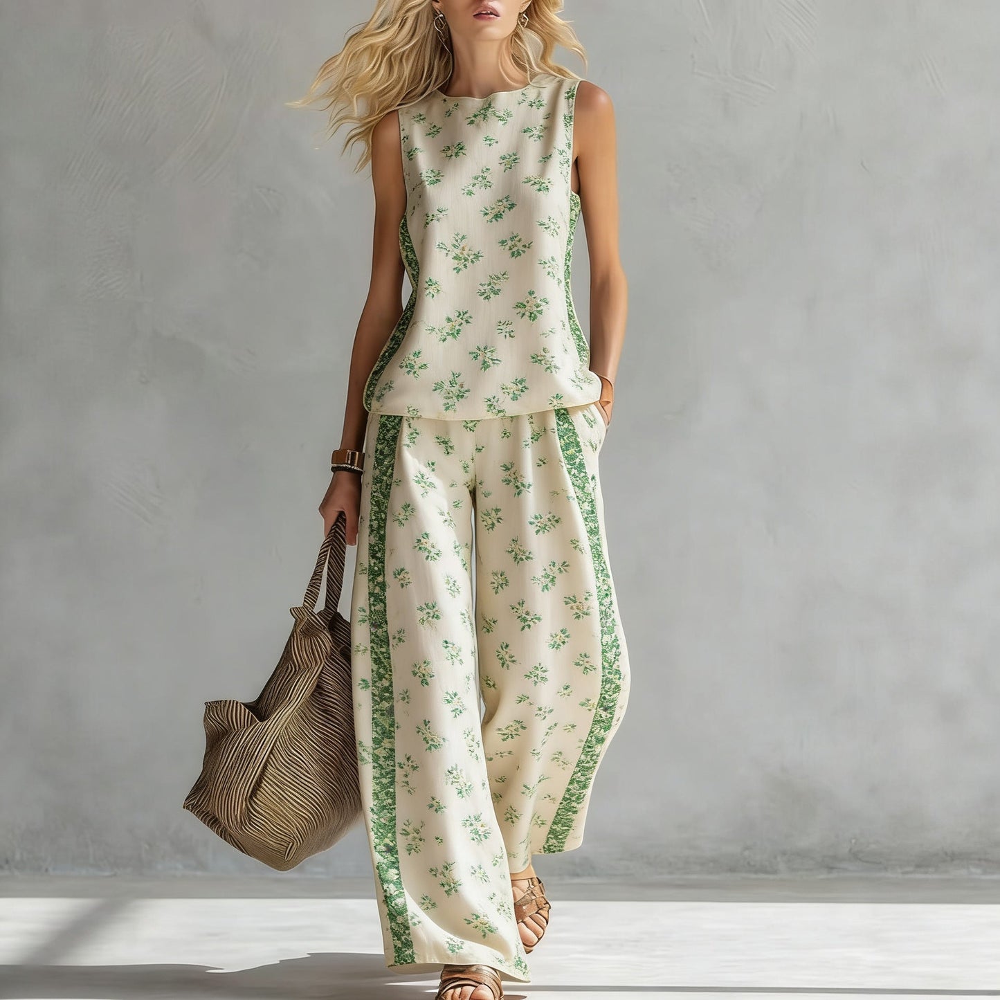 Women's Casual Sleeveless Printed Wide-Leg Pants Two-Piece Set 