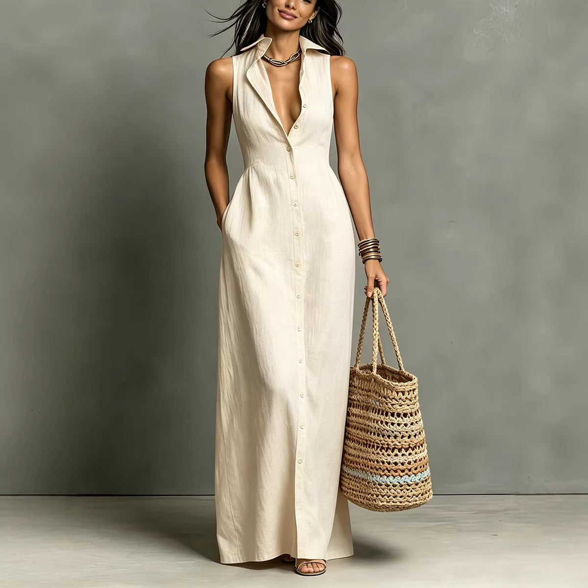 Women's Stand-Collar A-Line Maxi Dress – Resort & Vacation Style 