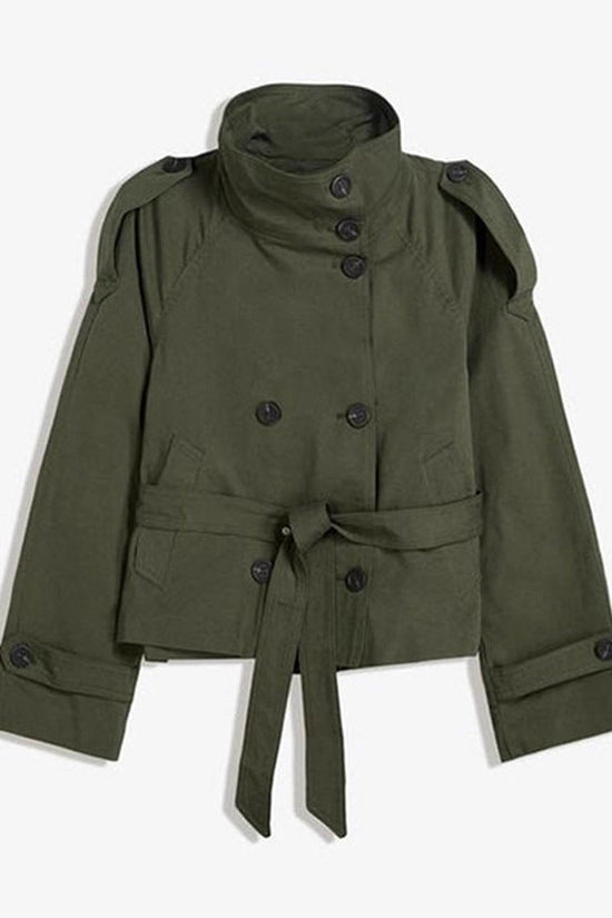 Womens Buttoned Waist-Cinching Lace-Up Trench Coat 