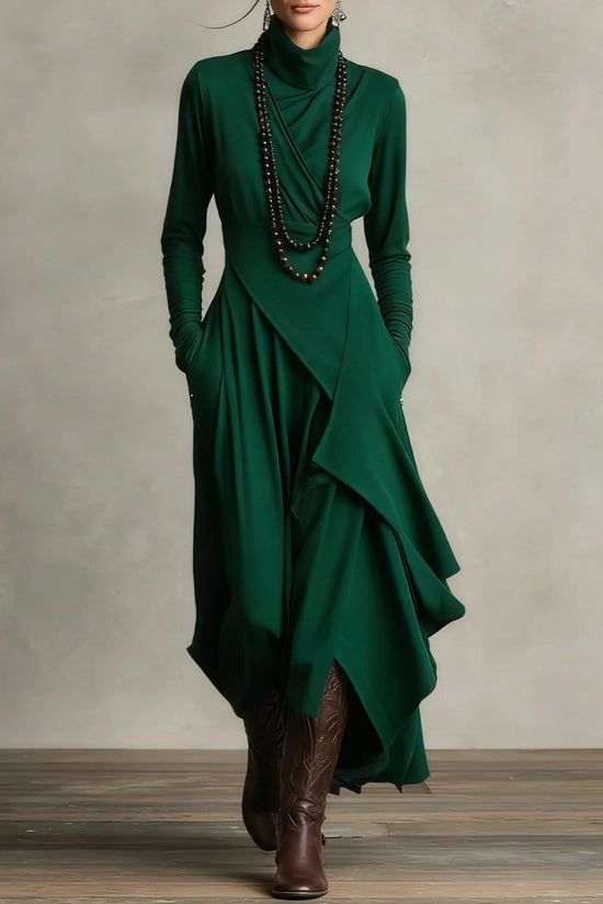 Solid Color Long Sleeve Cross Wrap High Neck Maxi Dress 