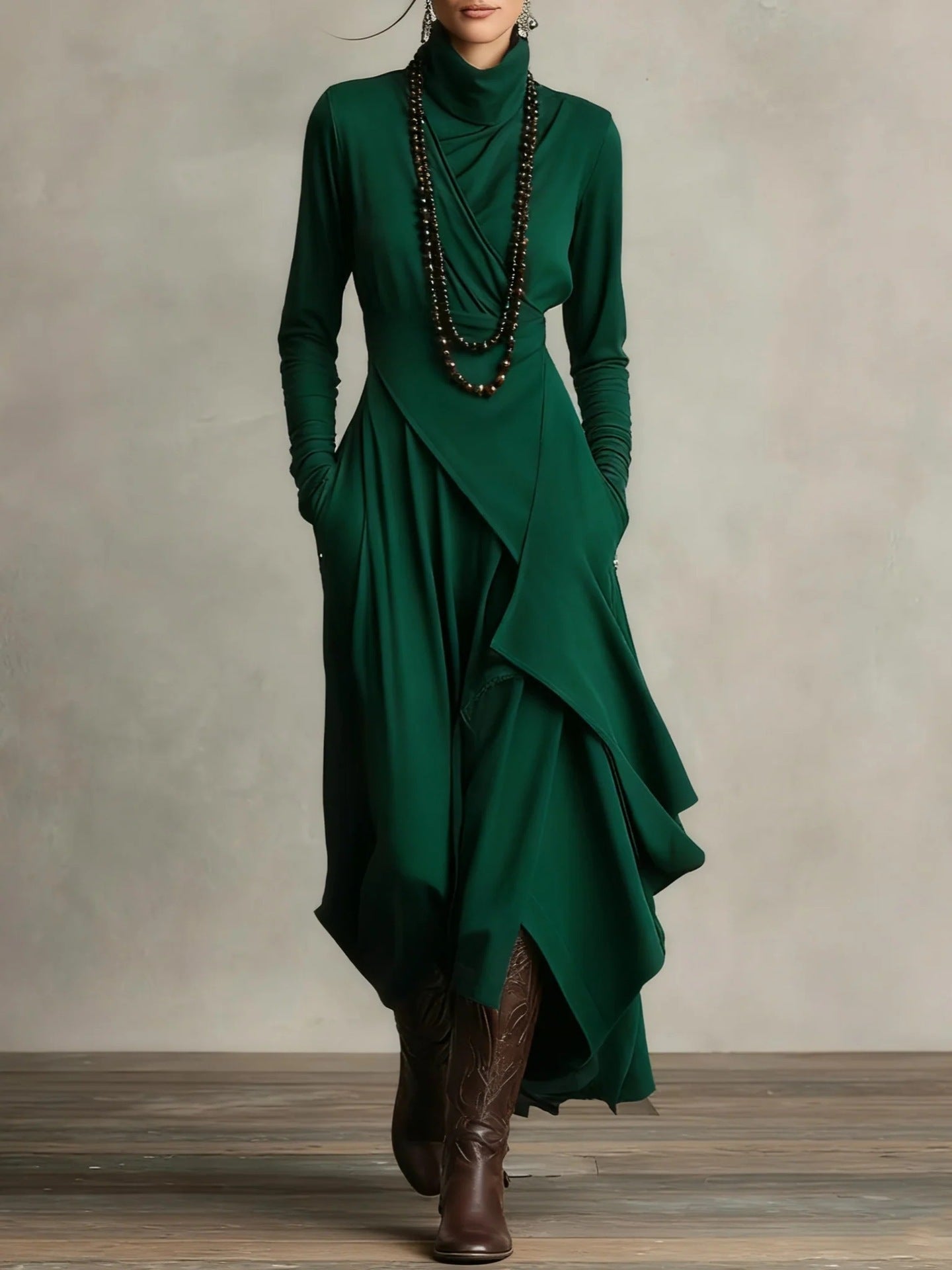 Solid Color Long Sleeve Cross Wrap High Neck Maxi Dress 