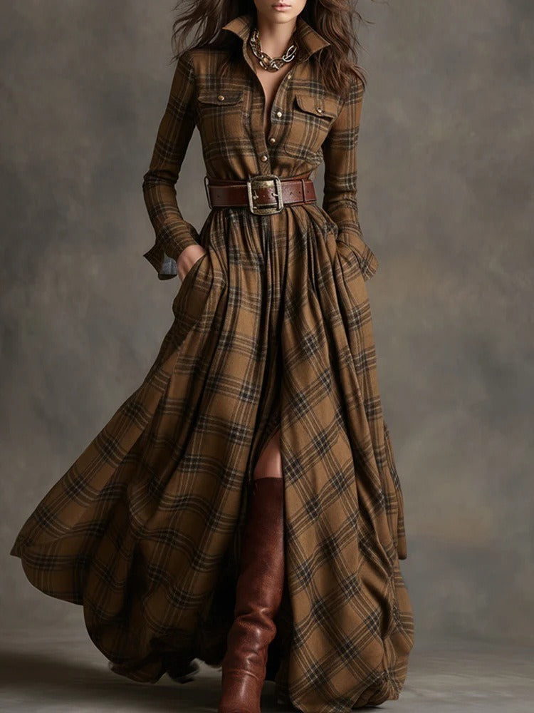 Ins Plaid Print Long-Sleeved Dress Fashion Pockets Collared Buttons Shirt Long Dresses Retro Women's Clothing 