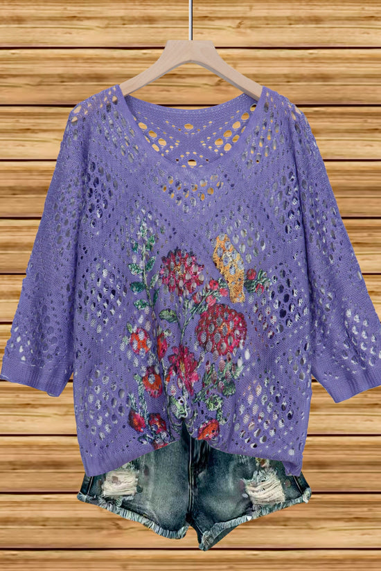 Womens Hollowed-Out Batwing-Sleeve Sweater With 3D Knitted Print 