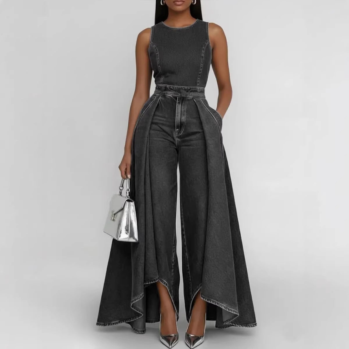 Crew-neck Sleeveless Casual Loose-fit Wide-leg Denim Jumpsuit 