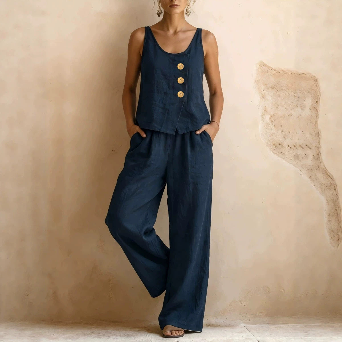 Women's Cotton Linen Sleeveless Tank Top & Pants Two-Piece Set 
