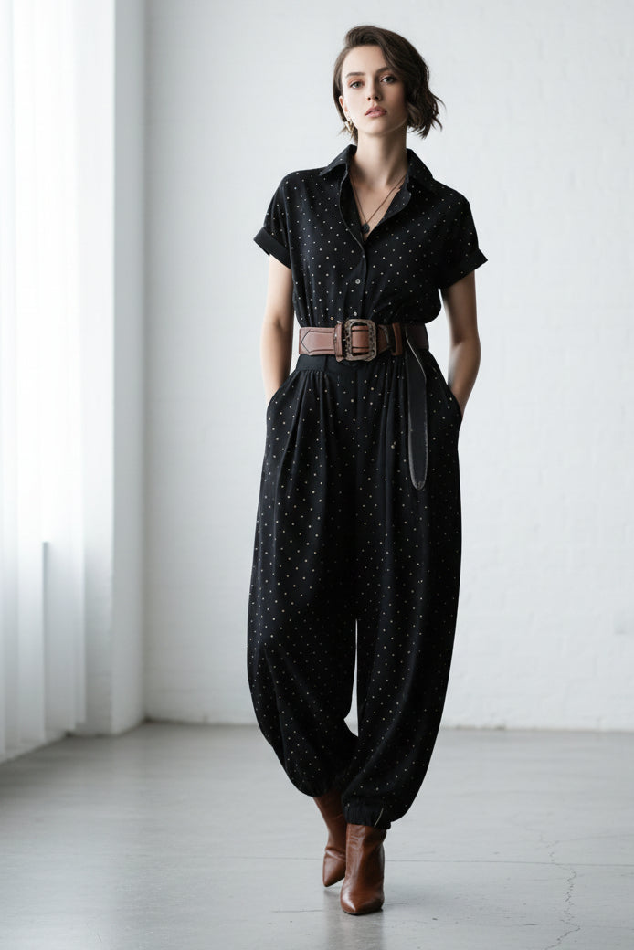 Gold Polka Dot Collared Waist-Cinched Wide-Leg Jogger Jumpsuit 