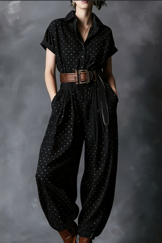 Gold Polka Dot Collared Waist-Cinched Wide-Leg Jogger Jumpsuit 