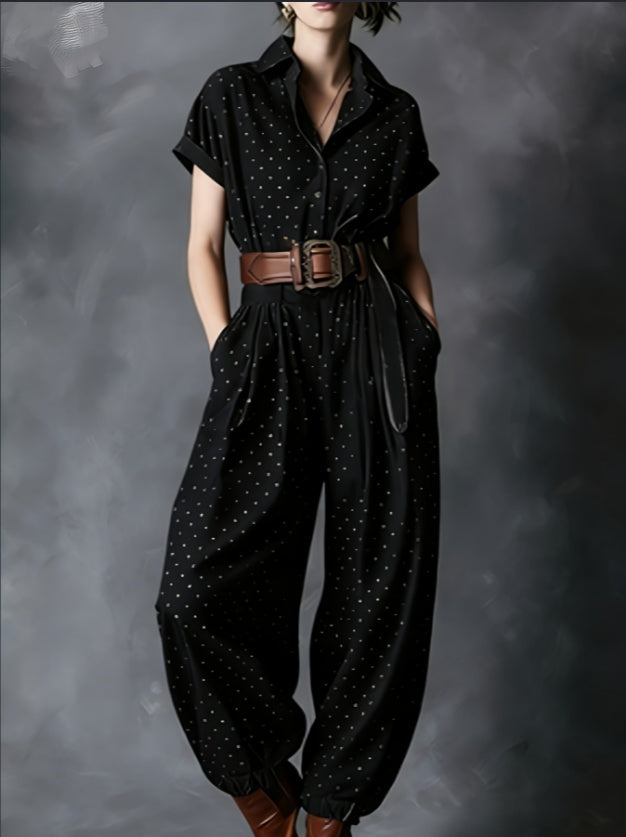 Gold Polka Dot Collared Waist-Cinched Wide-Leg Jogger Jumpsuit 