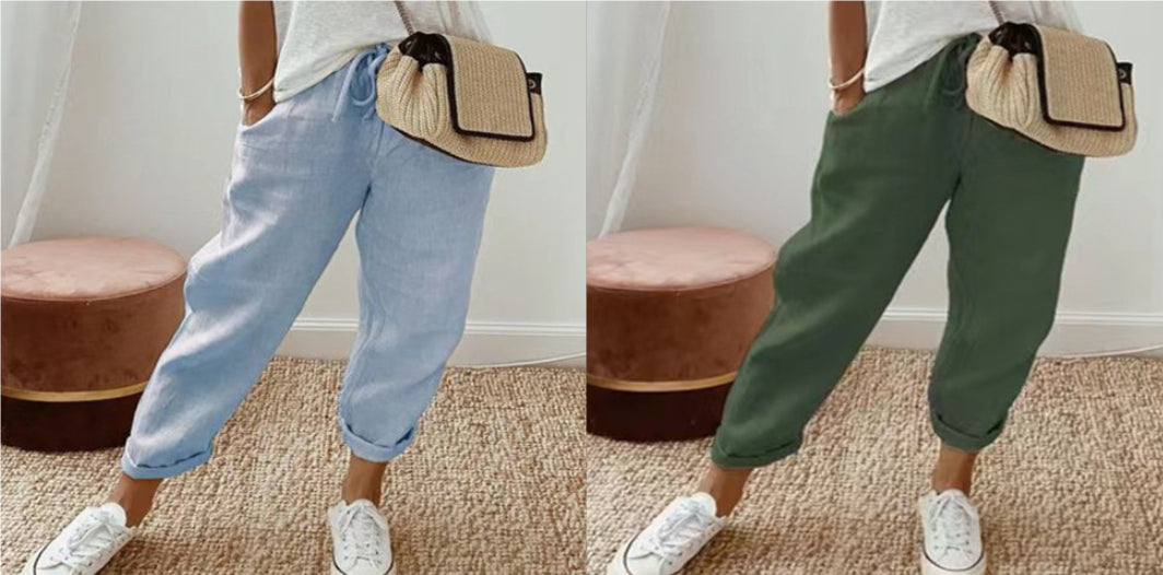 Women's Fashion Cotton Linen Solid Color Casual Pants 