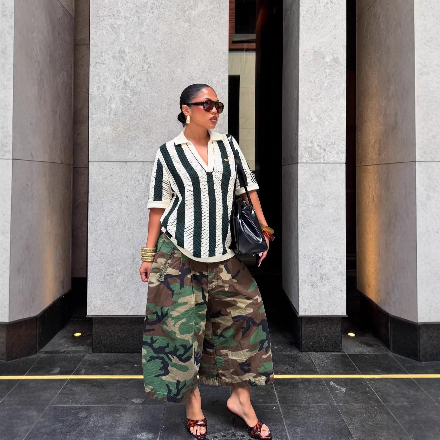 Fashionable Casual Camouflage Workwear-style Loose Wide-leg Pants 