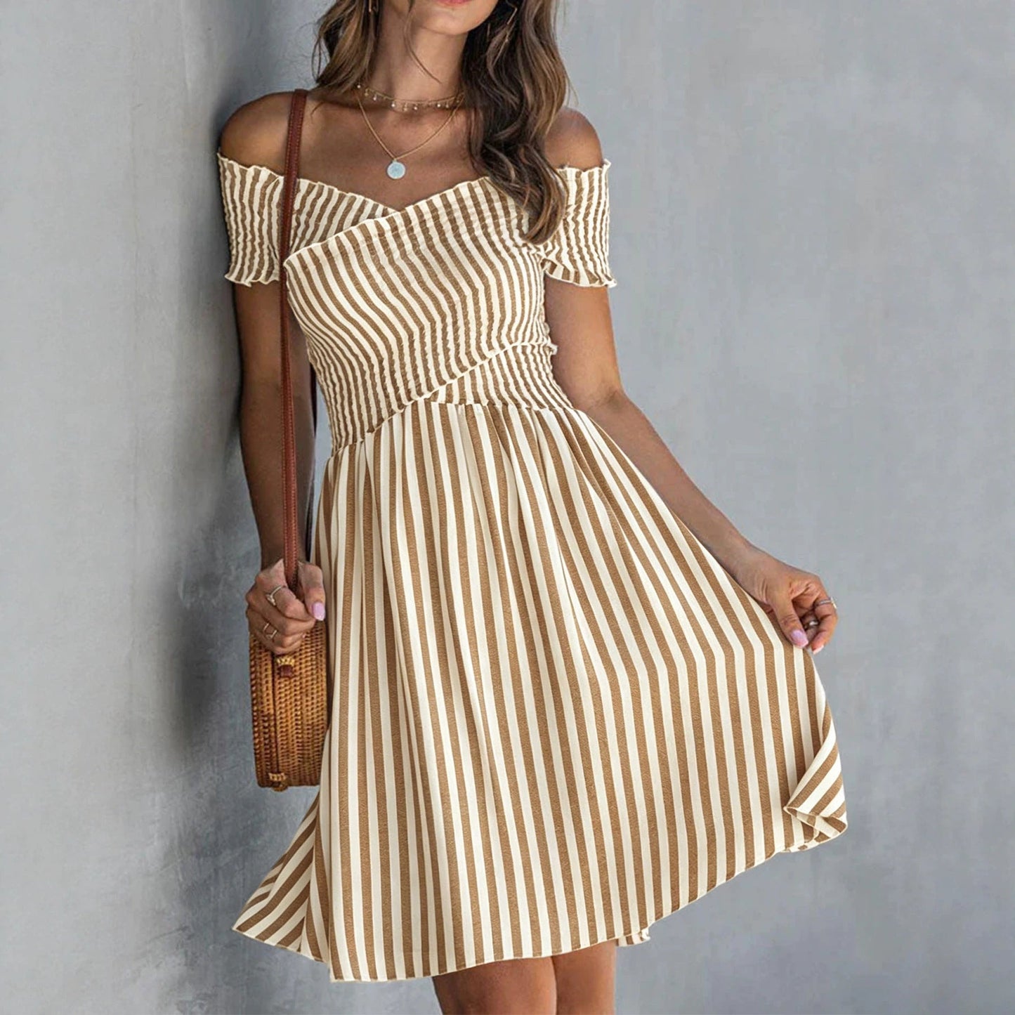 Off-the-shoulder Striped Waist-cinching Dress European And American Style 