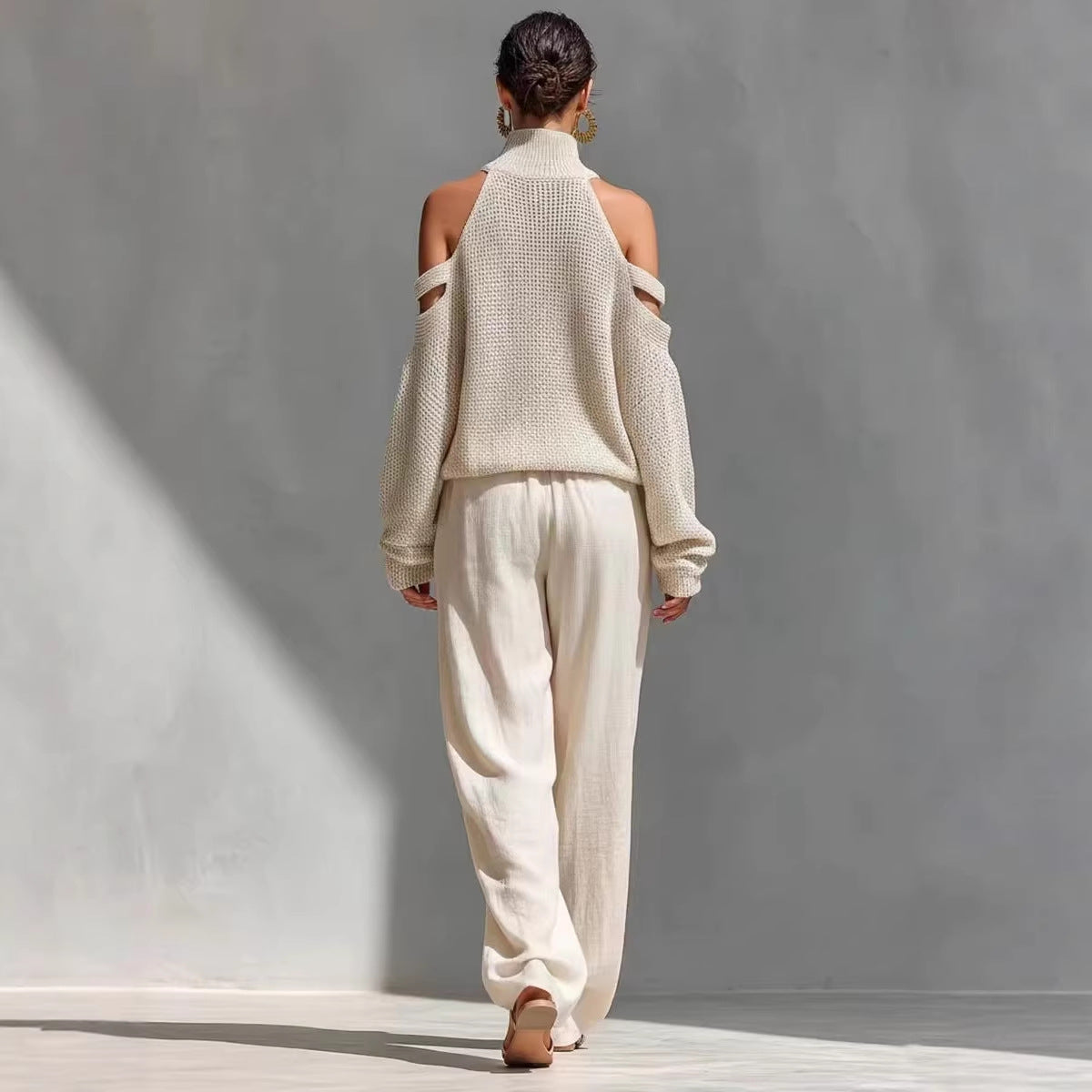 Womens Long-Sleeve Turtleneck Top And Pants Two-Piece Set 
