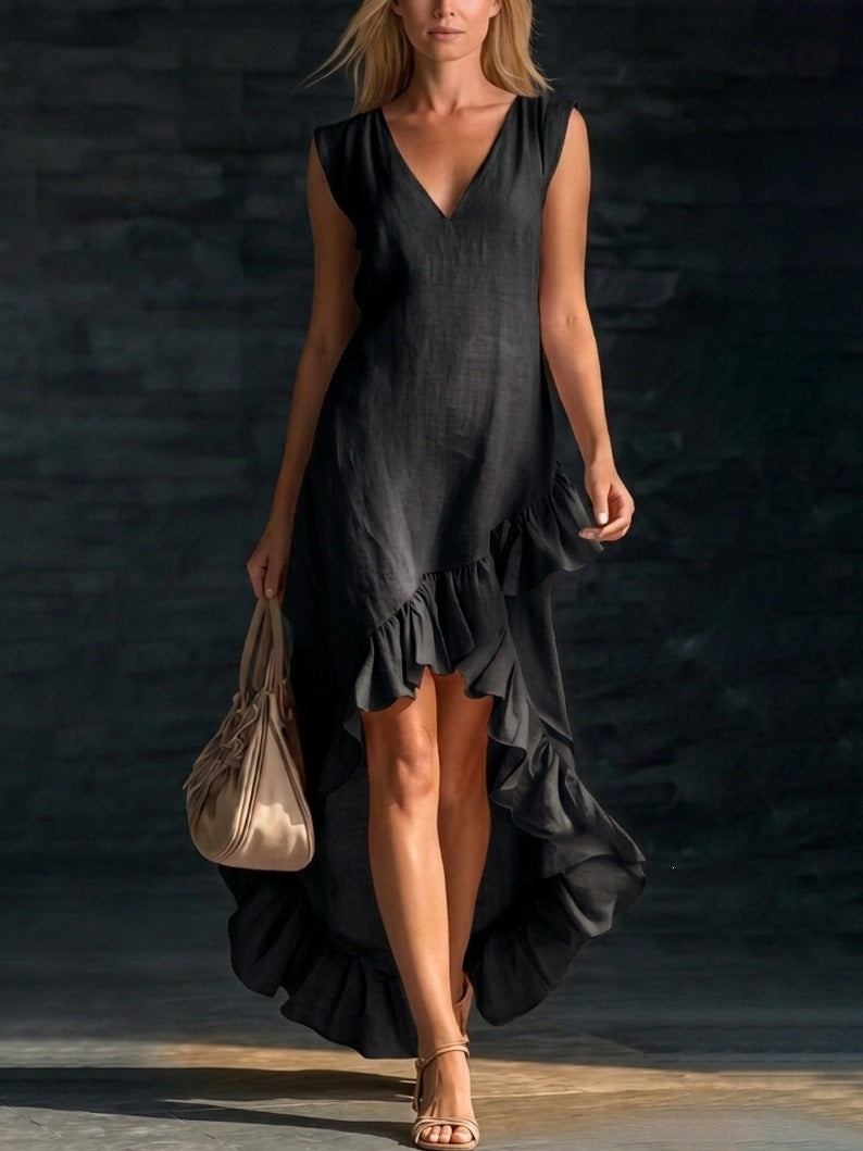 Women's Fashion Romantic Sleeveless V-Neck Ruffle Hem Cotton Linen Maxi Dress 
