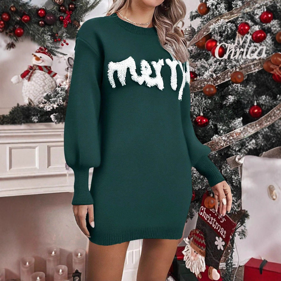 Women's Knitted Round Neck Lantern Sleeve Pullover Sheath Dress CJ