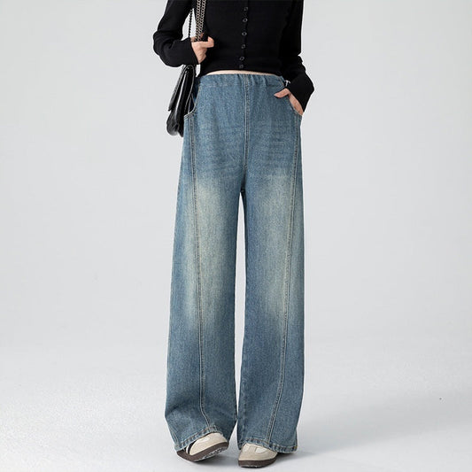 Retro Loose Straight-Leg High-Waist Floor-Length Wide-Leg Maternity Jeans 