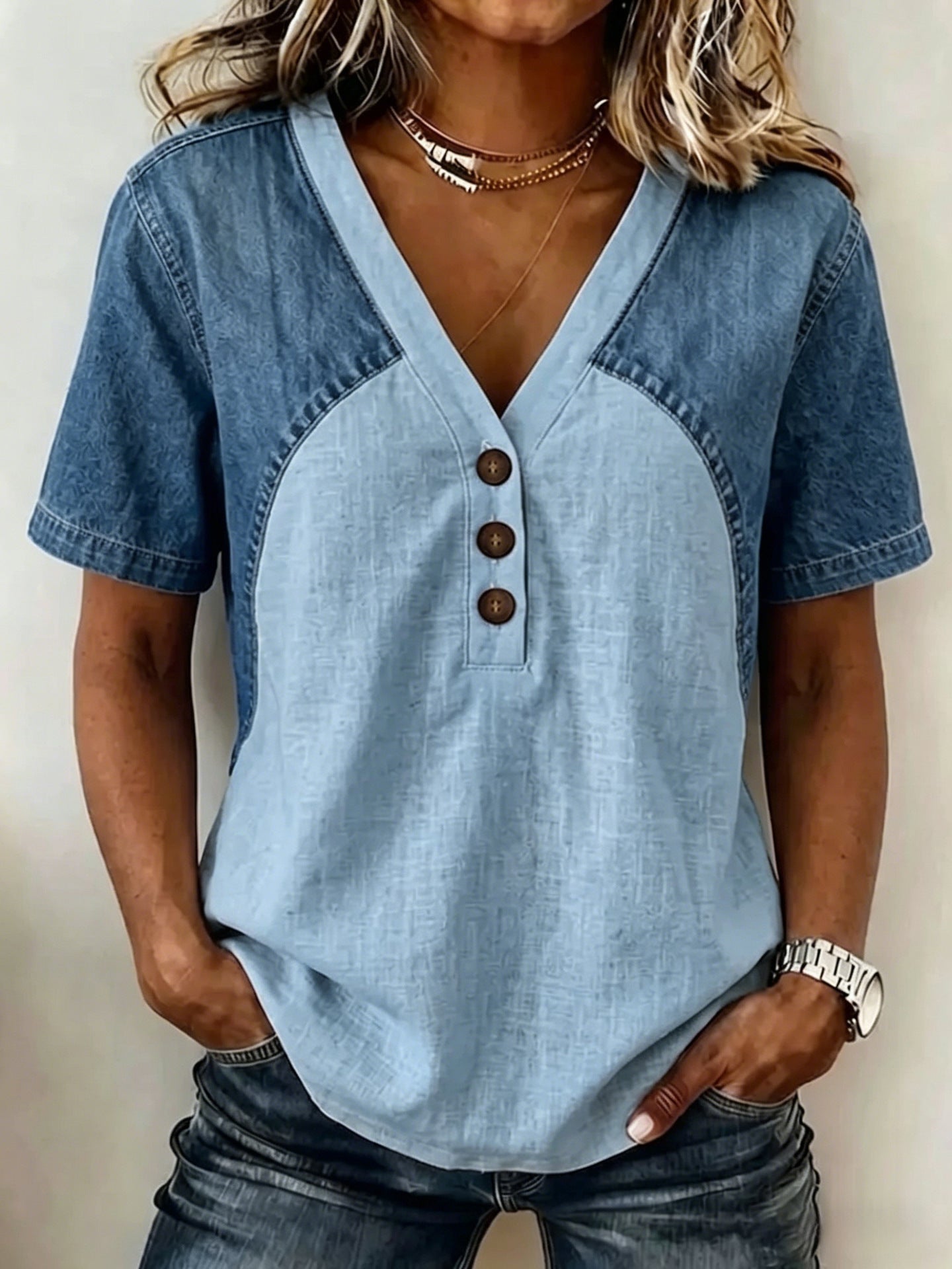 Fashionable Trendy Womens Loose Denim Patchwork T-Shirt 