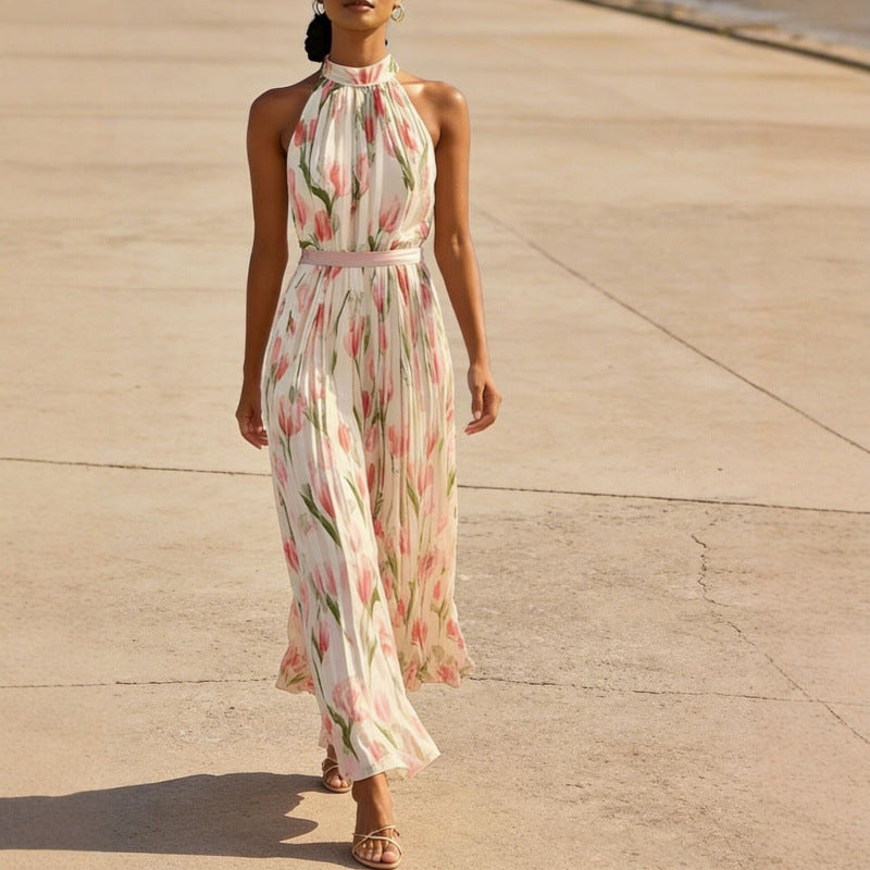 Womens Swing-Style Halterneck Printed Dress 