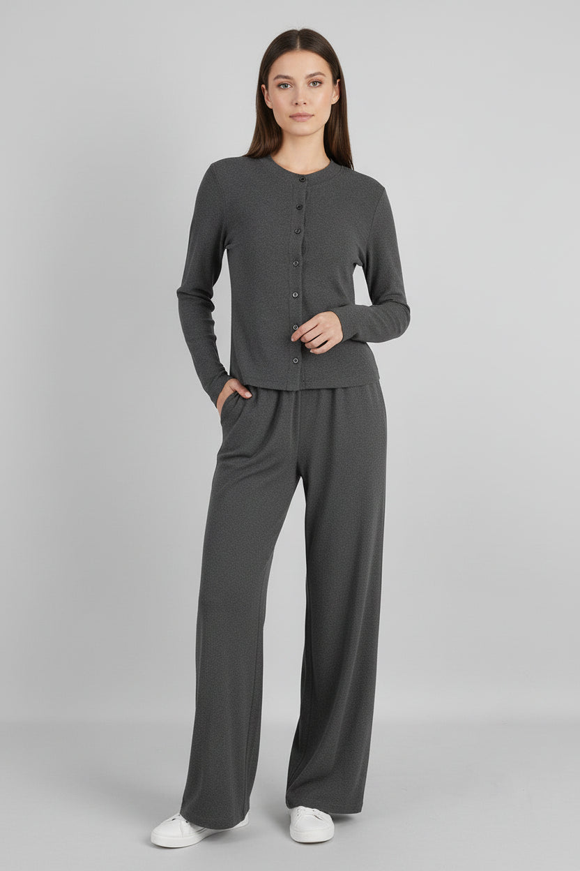 Half-high-neck Rib-knit Long-sleeve Cardigan And Button-front Trousers Set 