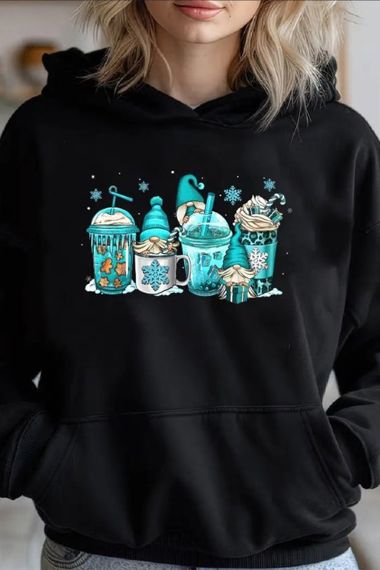 Gnomes Christmas Coffee Cups Latte Drink Outfit Christmas Cozy Classic Print Pullover Hoodie, Casual Long Sleeve Hoodie For Sprots CJ US