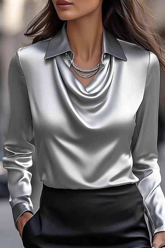 Spring And Autumn Temperament Long Sleeve Satin Swing Collar Top Shirt For Women 