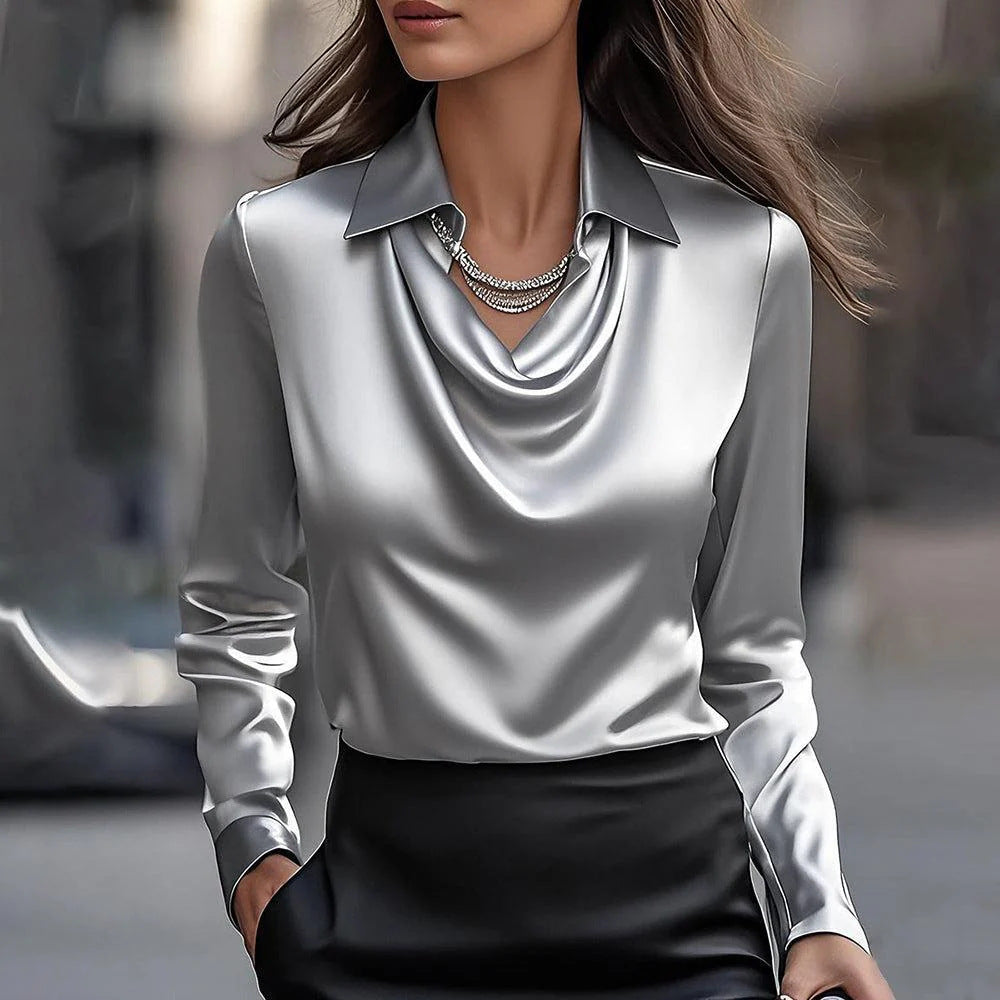 Spring And Autumn Temperament Long Sleeve Satin Swing Collar Top Shirt For Women 