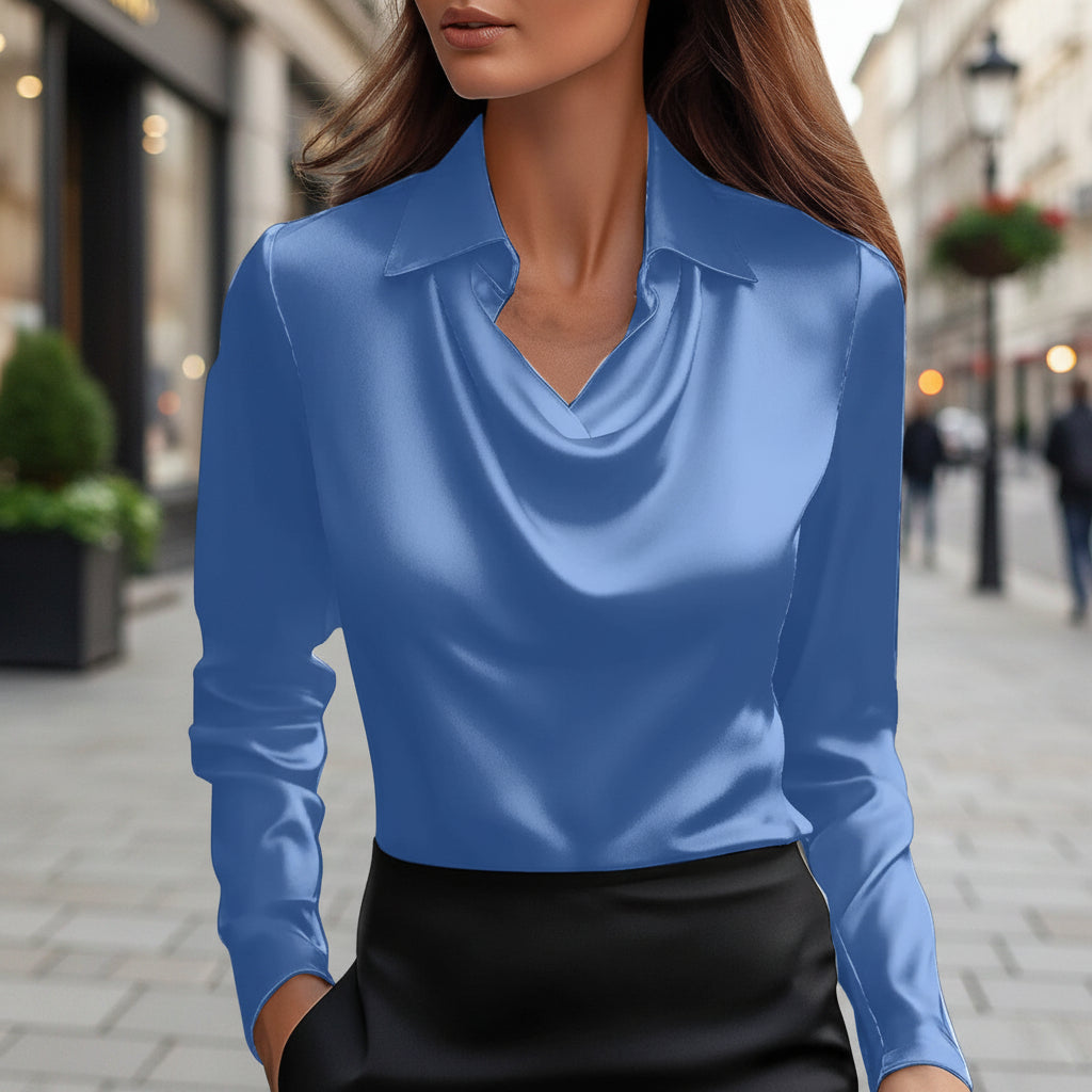 Spring And Autumn Temperament Long Sleeve Satin Swing Collar Top Shirt For Women 