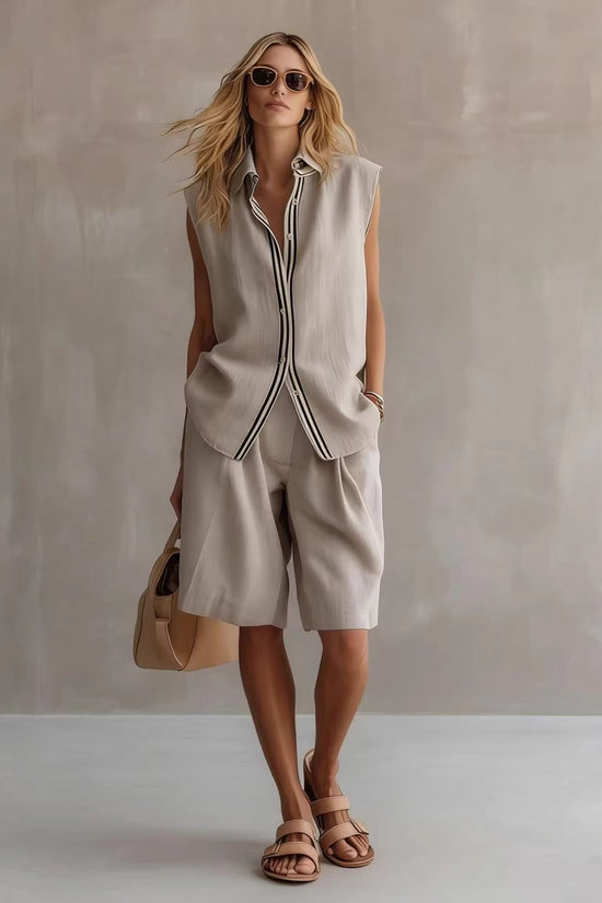Single-breasted Sleeveless Linen Shirt And Shorts Set 