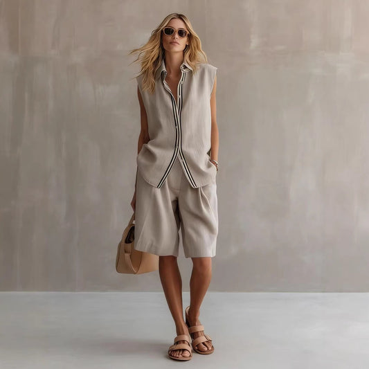 Single-breasted Sleeveless Linen Shirt And Shorts Set 