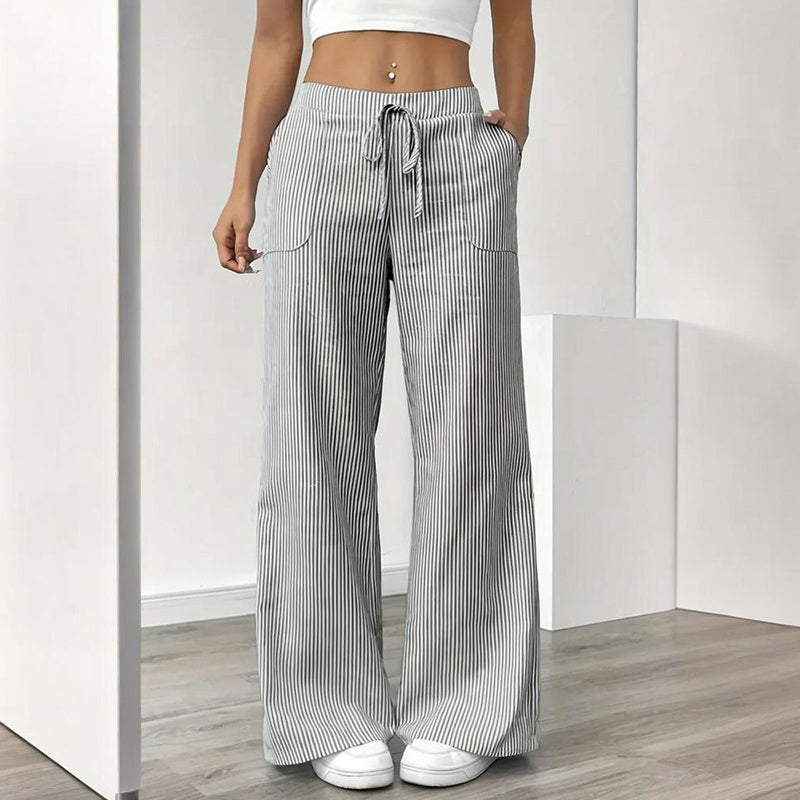 Women's Striped Print Straight Wide Leg Pockets Pants Casual Long Pants CJ US