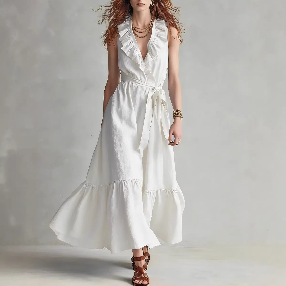V-neck Sleeveless Lace-Up Panelled Dress 