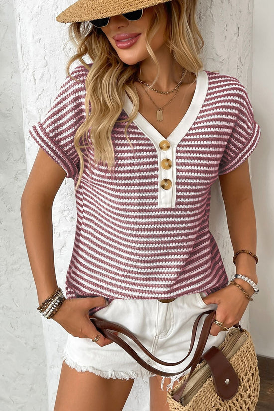 🌸 Women's Summer V-Neck Short Sleeve Knitted Patchwork Button Pullover Top FitiqueFit
