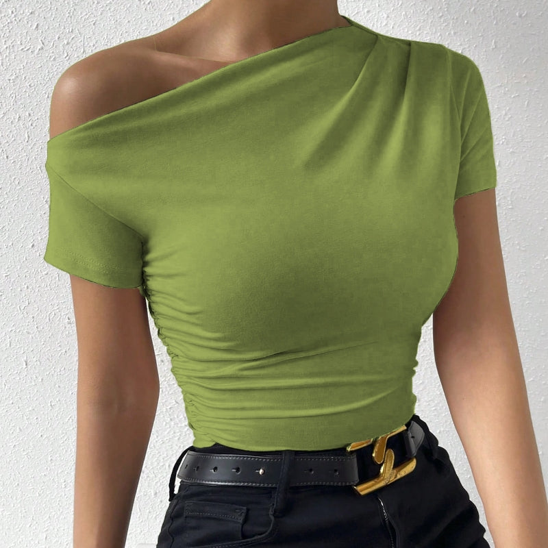 Women’s Y2K Ruched One-Shoulder Summer Top – Slim Fit Asymmetrical Shirt 