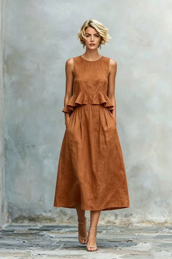 Sleeveless Crew-Neck High-Waisted Ruffle-Trim Resort-Style Dress 
