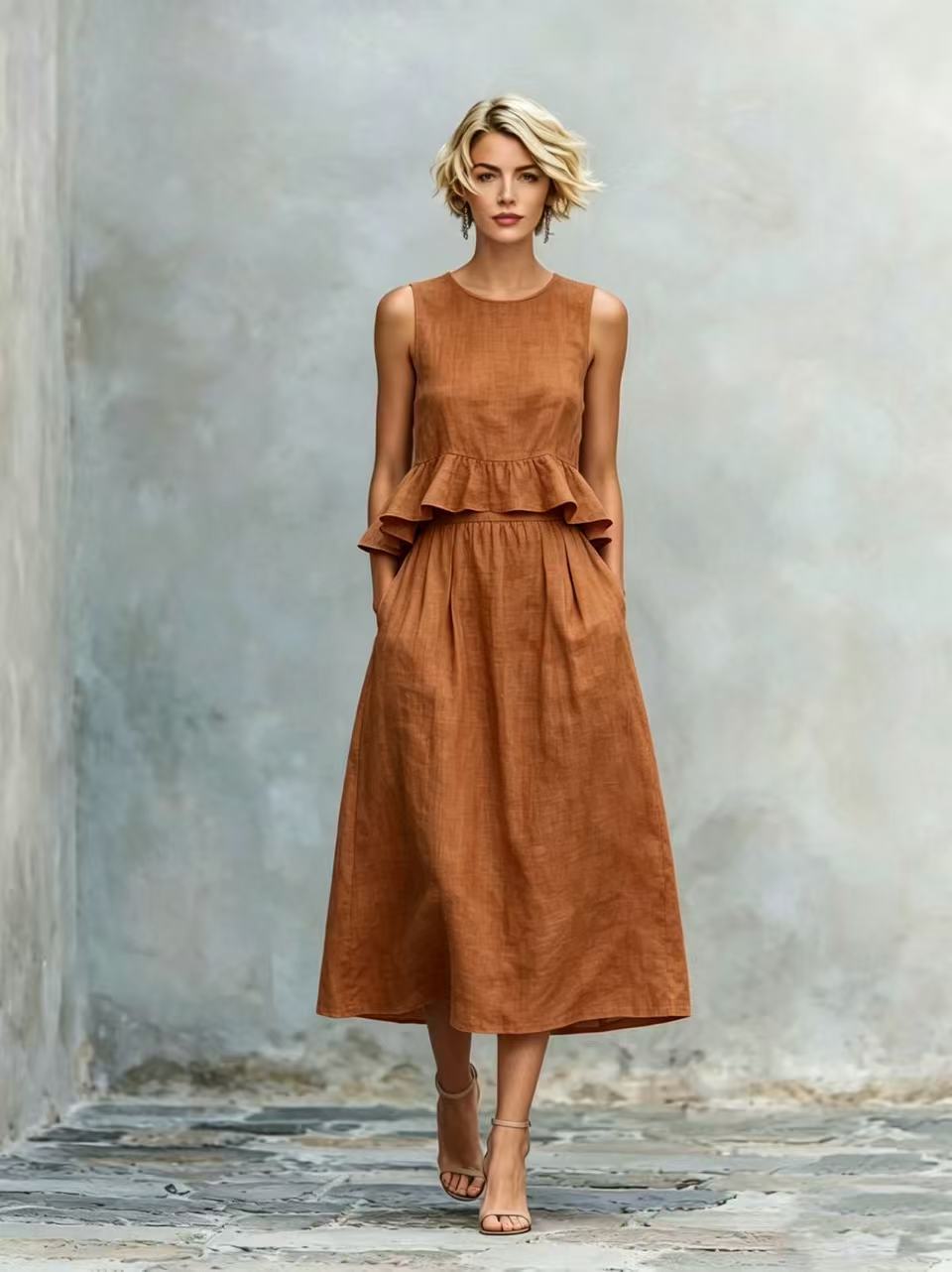 Sleeveless Crew-Neck High-Waisted Ruffle-Trim Resort-Style Dress 