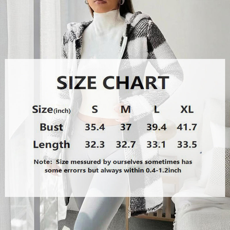 Women's Long Sleeve Plaid Long Hooded Sherpa Coat, Soft Fleece Lined Jacket With Pockets For Winter 