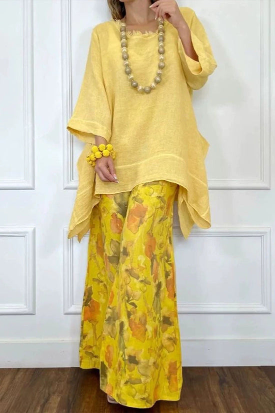 Womens Casual Cotton-Linen Irregular Top And Wide-Leg Pants Set 