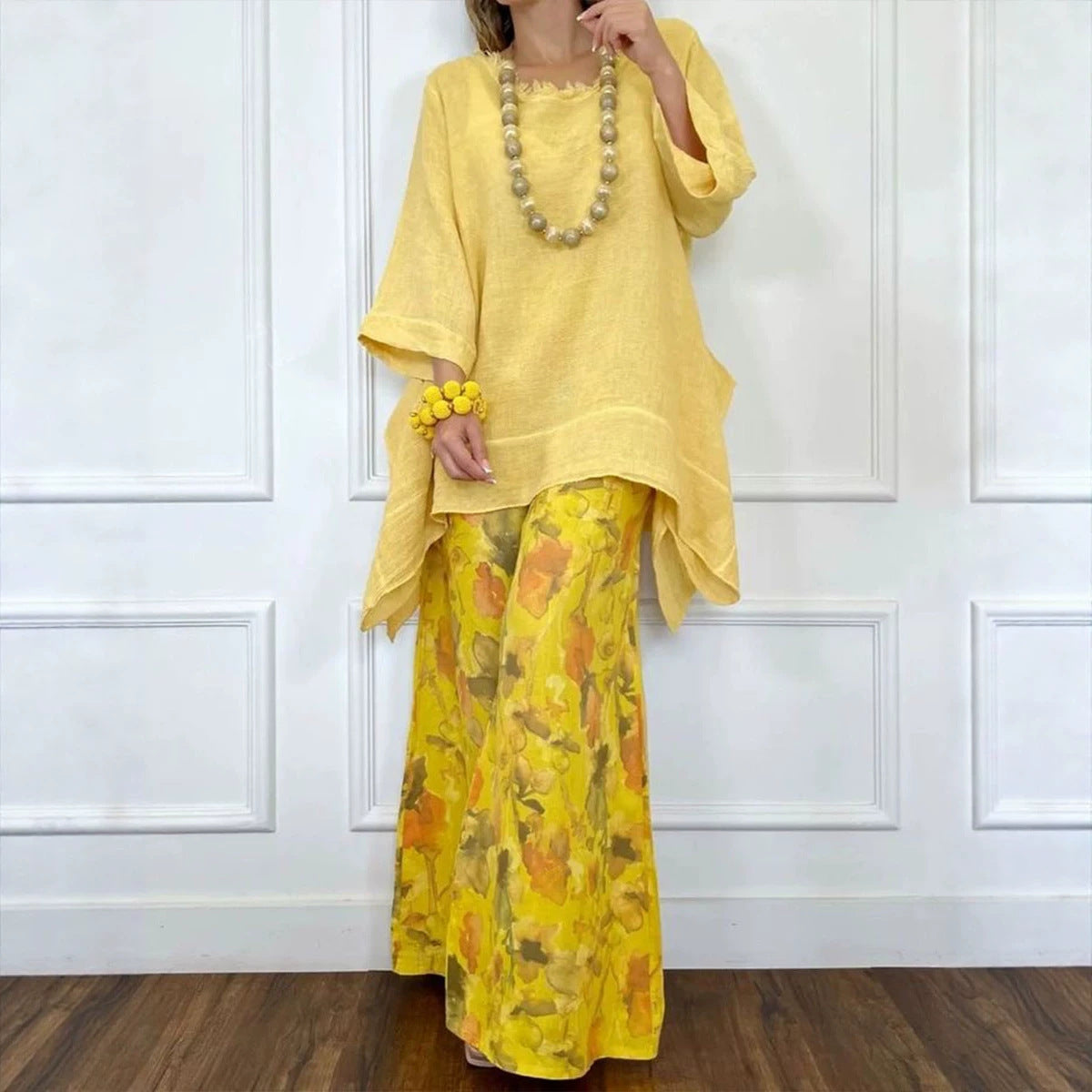 Womens Casual Cotton-Linen Irregular Top And Wide-Leg Pants Set 