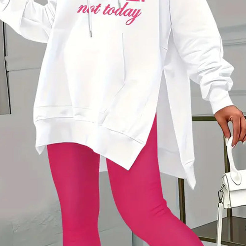 Women's Casual 2-Piece Set Solid Color Leggings & Letter Print Pocket Drawstring Hooded Sweatshirt With Split Hem Spring Fall Fashion Outfit CJ US