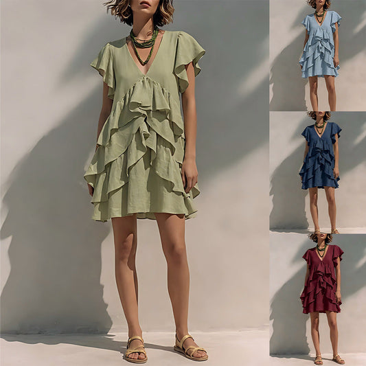 Women's V-Neck Ruffled-Edge Short-Sleeve Casual Loose Dress 