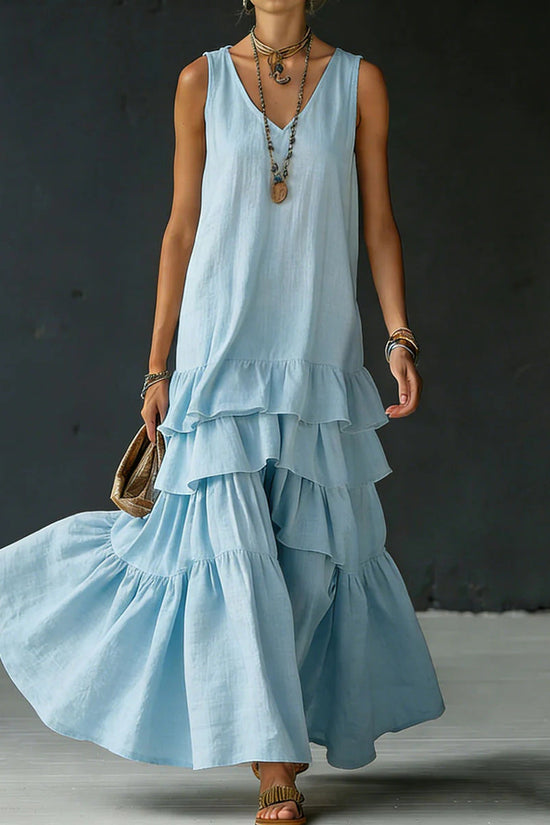 Solid-color Womens Loose-fitting Full-skirted Sleeveless Dress 