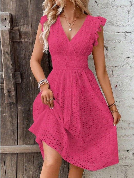 Waisted V-Neck Lace Midi Dress 