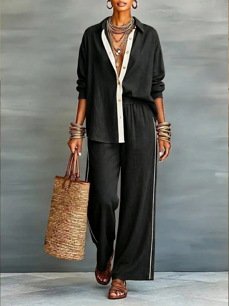 Contrast-color Casual Solid-color Loose Pants Two-piece Set 