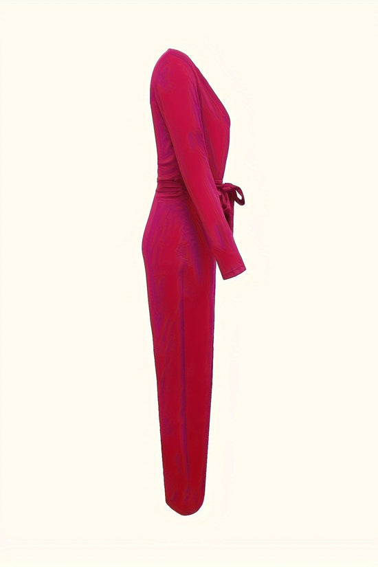 Women's Solid V-neck Bow Tie Waist Slimming Fashion Jumpsuit CJ US