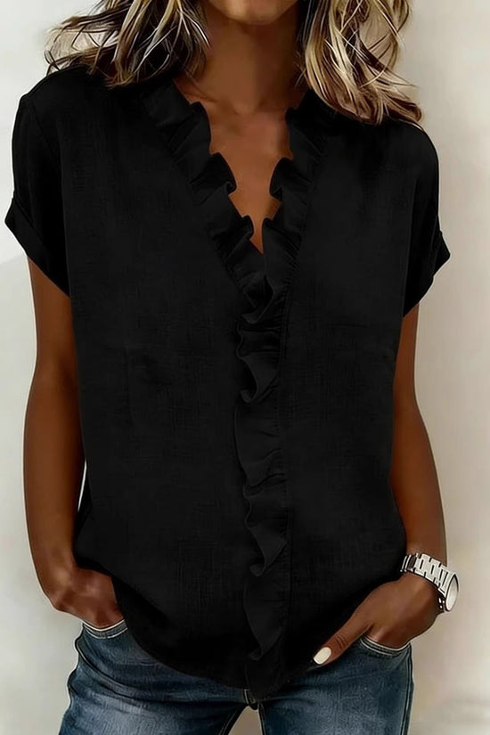 Women's V-neck Ruffled-edge Fashionable Solid-color Short-sleeve 