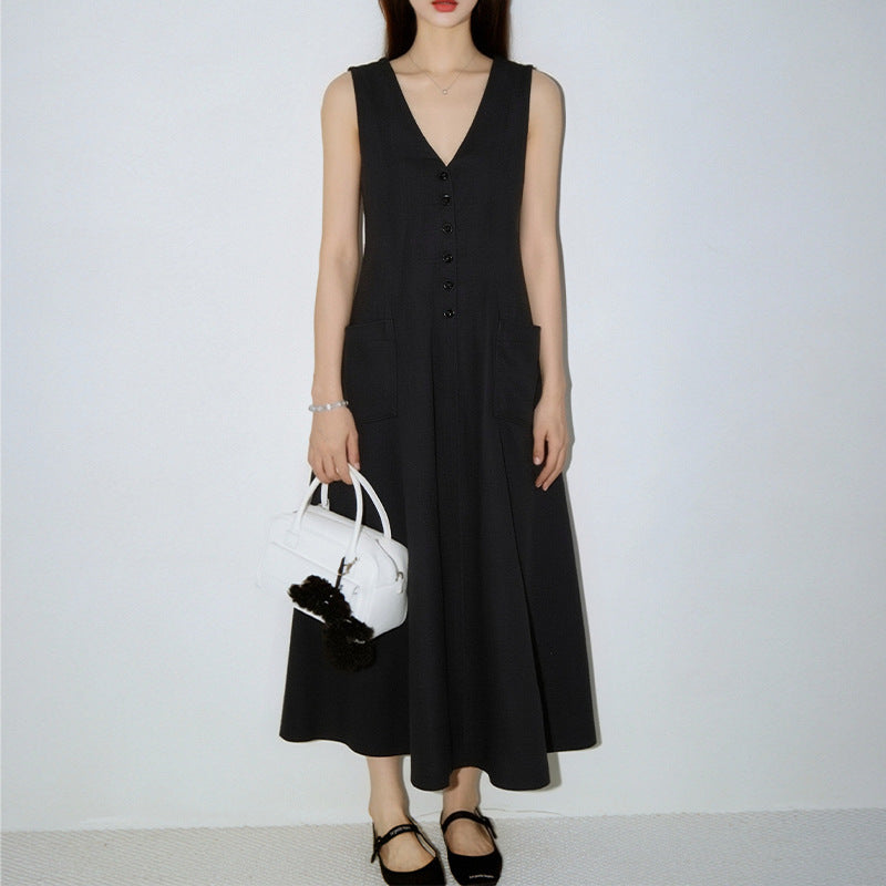 Women's Stylish & Elegant Solid-Color V-Neck Button-Up Dress 