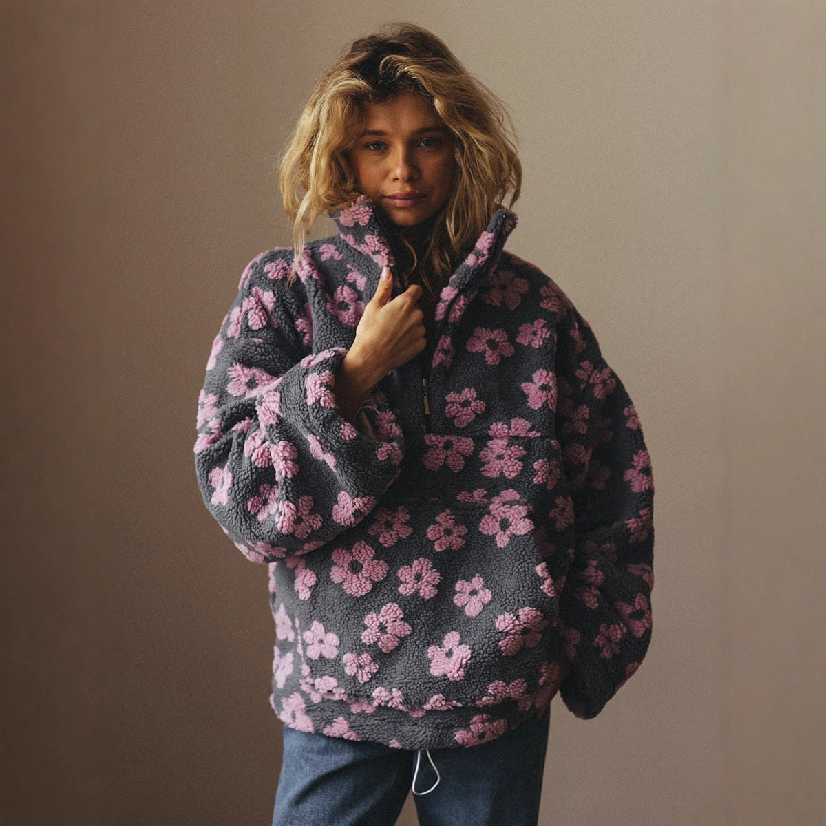 Winter Flowers Lambskin Sweatshirt With Big Pocket Casual Loose Zip-up Lapel Pullover Top Women's Clothing 